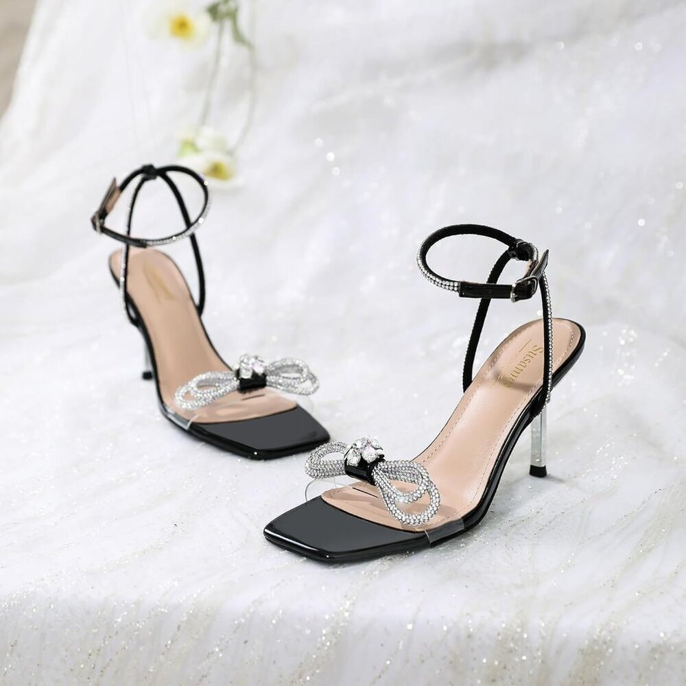 Women's Black Rhinestone Bow Ankle Strap Heels